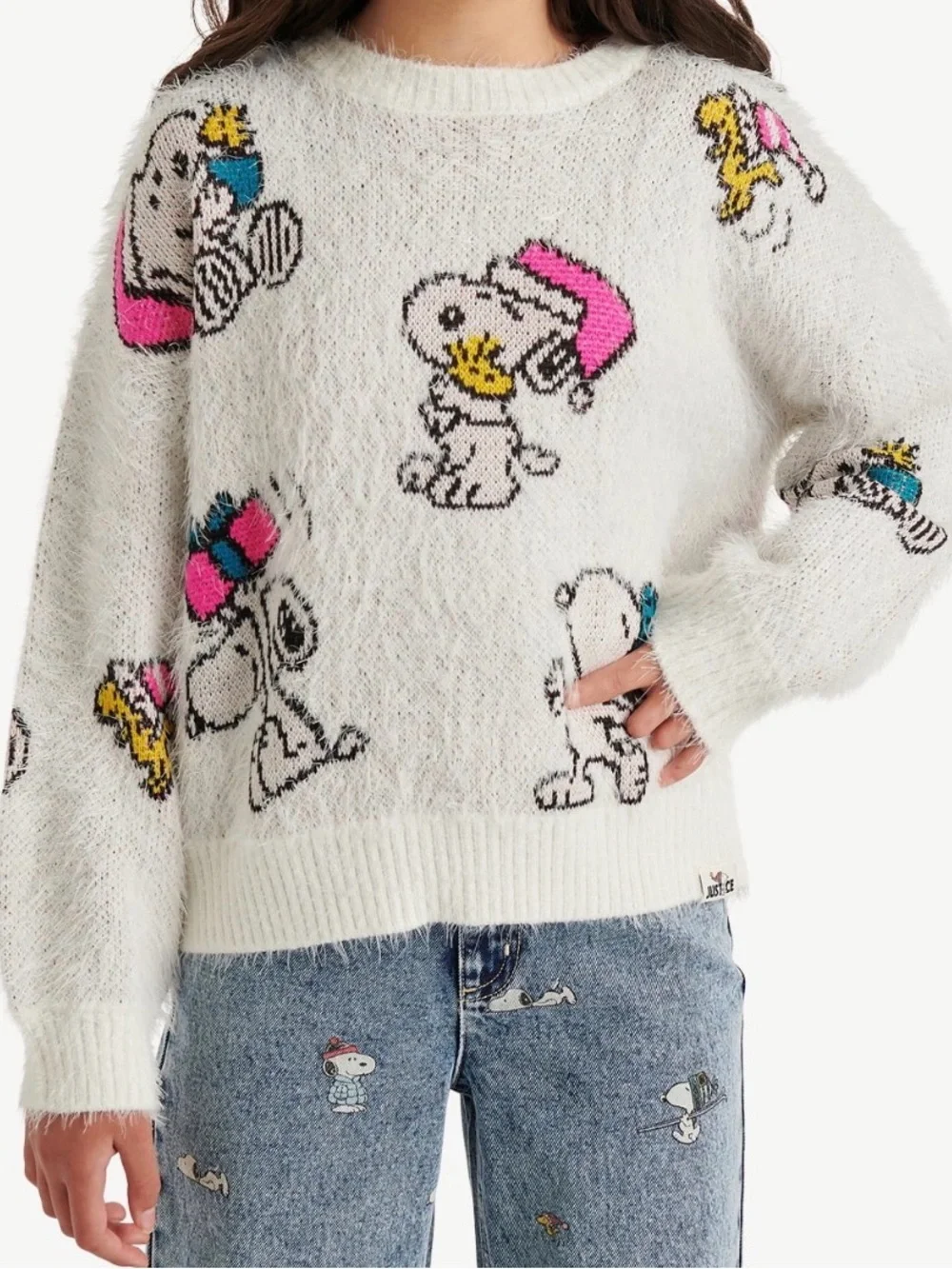 Justice Cream Fuzzy Snoopy & Woodstock Sweater Girls Size XL Plus (16P/18P)
